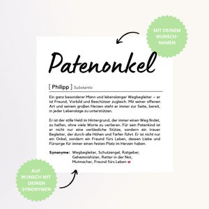 May include: A printable digital download of a definition for the word "Patenonkel" which means "godfather" in English. The definition is written in German and includes synonyms for the word. The text is written in black on a white background.