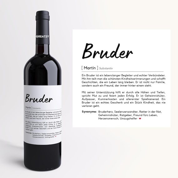 Bruder Definition I Personalisiertes Weinetikett I Geschenk I Geschwister I Personalisiertes Geschenk I Hochwertiges Klebeetikett