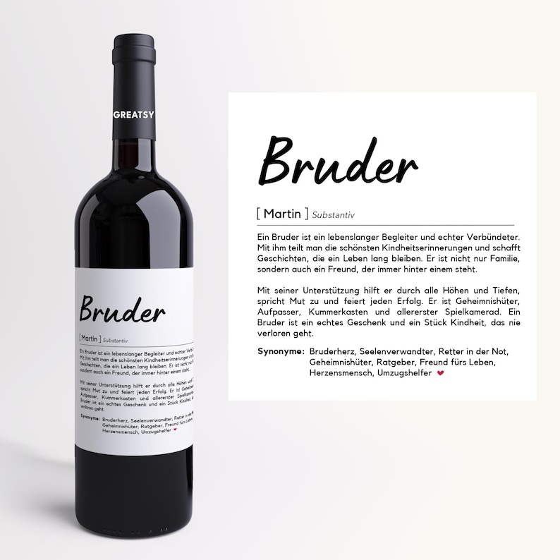 Peut inclure: Une bouteille de vin rouge avec une &eacute;tiquette blanche sur laquelle est inscrit "Bruder" avec une d&eacute;finition du mot en allemand. L'&eacute;tiquette comprend &eacute;galement des synonymes du mot.