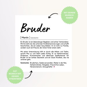 Peut inclure: Un t&eacute;l&eacute;chargement num&eacute;rique imprimable avec une d&eacute;finition du mot "fr&egrave;re" en allemand. La d&eacute;finition comprend le mot "Martin" entre crochets, le mot "Substantiv" qui signifie "nom" en anglais, et une liste de synonymes du mot "fr&egrave;re". Le texte est en noir sur fond blanc.