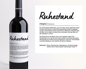 Retirement Definition I Personalized Wine Label I Gift I Farewell Gift I Work Colleagues I Pension I Retirement I Farewell