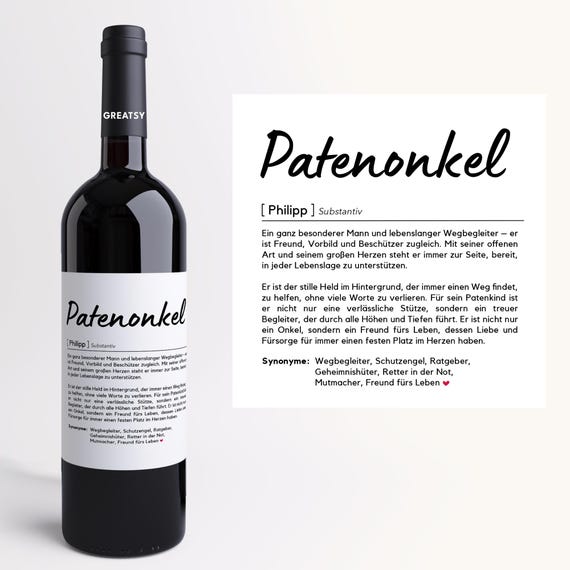 Patenonkel Definition I Personalisiertes Weinetikett I Geschenk I Patenonkel Fragen I Paten Fragen I Hochwertiges Klebeetikett