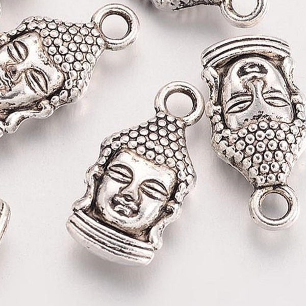 Lot de 5 breloques Bouddha 16.5x8x5mm - trou ø2mm- style tibétain - alliage de zinc - argent antique - Livraison gratuite