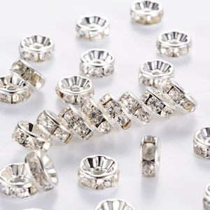 Lot of 20 ø8mm Grade A spacer beads with rhinestones - Silver plated brass - Free shipping