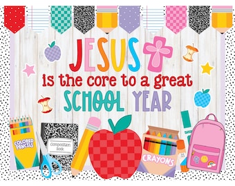 Back to School Bulletin Board Kit. Jesus is the core to a great school year. Classroom Door Decor Classroom Decoration. Bright Colors