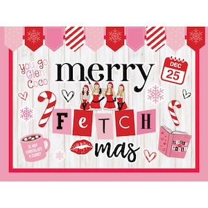 Könnte beinhalten: Ein rosafarbenes und rotes Schild mit dem Text "you go Glen Coco" und "merry fetch mas". Das Schild zeigt einen Kalender mit dem Datum 25. Dezember, einen Zuckerstock, Schneeflocken, Herzen und eine Tasse mit dem Text "Is hot chocolate a carb?"