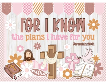 Może przedstawiać: Drukowany motyw religijny w kolorze różowym i brązowym z tekstem "FOR I KNOW the plans I have for you Jeremiah 29:11". Obraz zawiera krzyż, gołębia, Biblię i kwiaty.