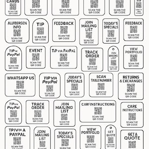 May include: A collection of white rectangular cards with black text and QR codes. The cards feature options such as "Menu", "Order", "Pay", "Reviews", "Gift Cards", and "Today's Specials".