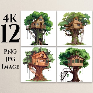 4K 12 Domek na drzewie Clipart, PNG, JPG, Clipart z rysunkami drzew, Ilustracje drzew, Clipart z naturą, Do druku, Użytek komercyjny, Pobieranie cyfrowe, T6