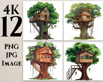 4K 12 Tree House Clipart, PNG, JPG, Cartoon Tree Clipart, Tree illustrations, Nature Clipart, Printable, Commercial Use, Digital Download,T6