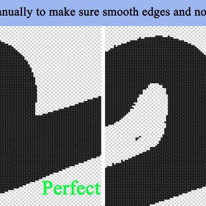Pode incluir: Duas imagens lado a lado mostrando a diferen&ccedil;a entre uma imagem editada perfeitamente e uma imagem com imperfei&ccedil;&otilde;es. A imagem &agrave; esquerda mostra uma forma de onda preta com bordas suaves. A imagem &agrave; direita mostra a mesma forma de onda com bordas irregulares e um &uacute;nico pixel.