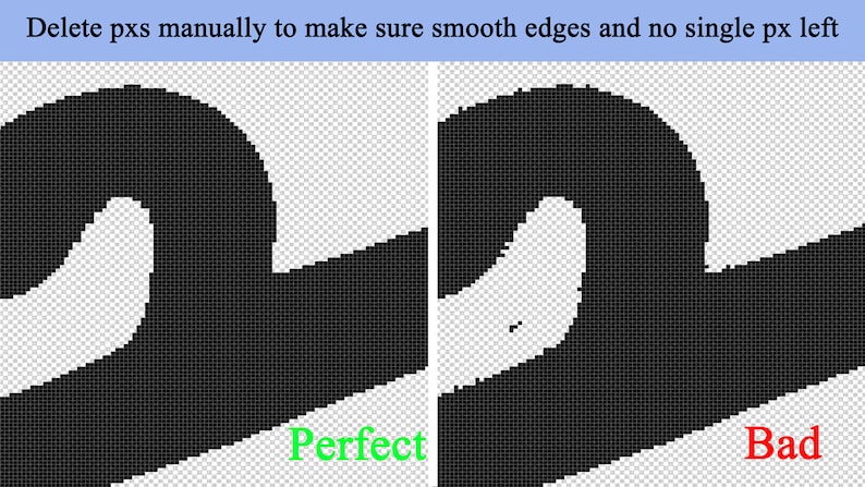 Pode incluir: Duas imagens lado a lado mostrando a diferen&ccedil;a entre uma imagem editada perfeitamente e uma imagem com imperfei&ccedil;&otilde;es. A imagem &agrave; esquerda mostra uma forma de onda preta com bordas suaves. A imagem &agrave; direita mostra a mesma forma de onda com bordas irregulares e um &uacute;nico pixel.