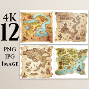 4K 12 Mapa, PNG, JPG, Cartoon Map Clipart, Map illustrations, Pirate Map, Digital Clipart, Printable, Commercial Use, Digital Download, M1