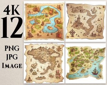 4K 12 Map, PNG, JPG, Cartoon Map Clipart, Map illustrations, Pirate Map, Digital Clipart, Printable, Commercial Use, Digital Download, M1