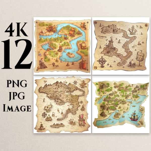 4K 12 Map, PNG, JPG, Cartoon Map Clipart, Map illustrations, Pirate Map, Digital Clipart, Printable, Commercial Use, Digital Download, M1