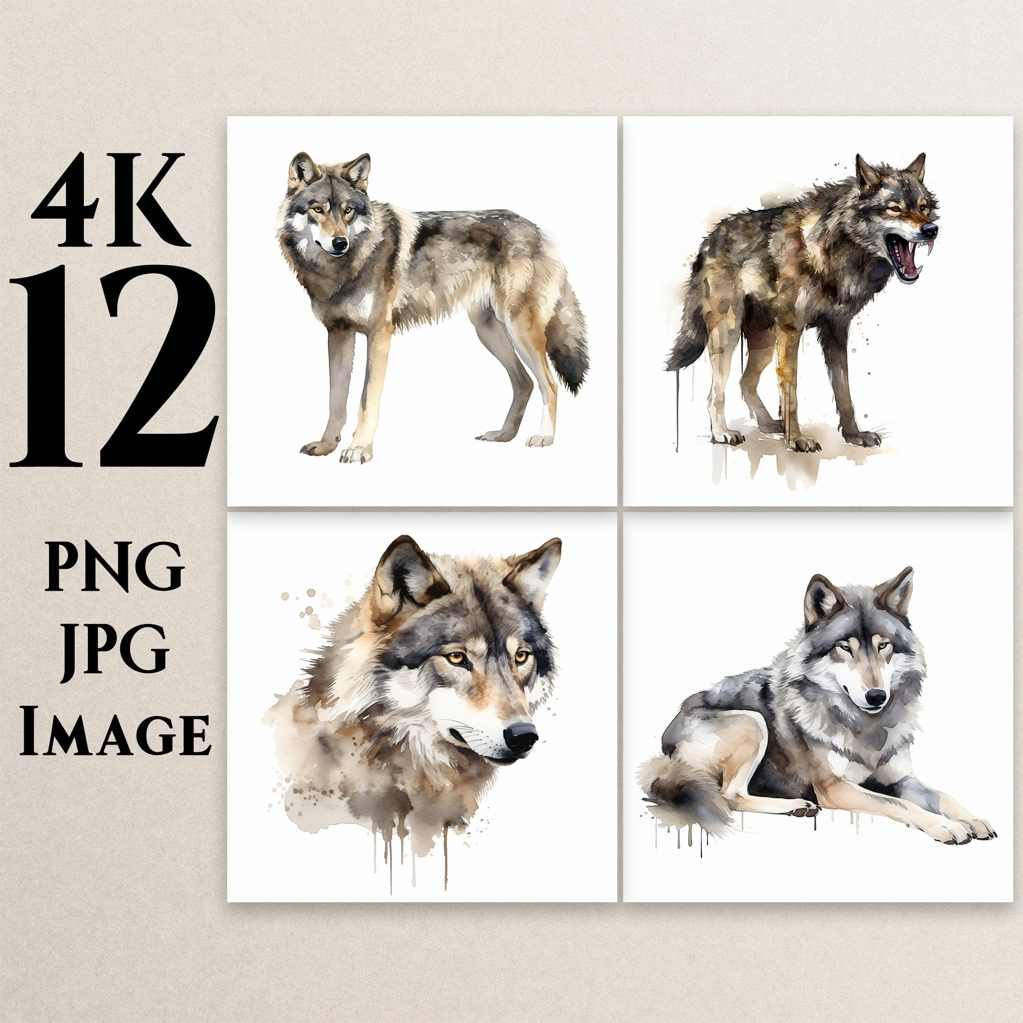 4K 12 Wolf Clipart, PNG, JPG, Watercolor Wolf Clipart, Wolf ...