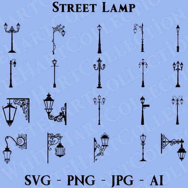 20 Street Lamp Svg, Png, Jpg, Ai, Commercial Use, Lamp Svg, Lamp Silhouette, Vintage Lamp Svg Clipart, Digital, Cricut Cut File, SL1