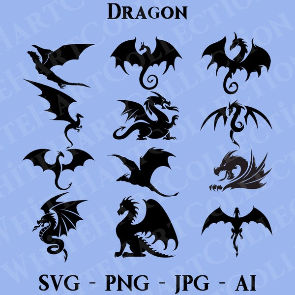12 Dragon Commercial Use Svg, Png, Jpg, Ai, Dragon Svg, Winged Dragon, Dragon Svg Bundle, Dragon Clipart, Animal Svg, Cricut Cut File, D2