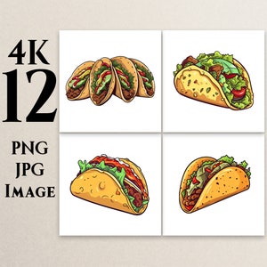 4K 12 Taco Clipart, PNG, JPG, Cartoon Taco Clipart, Ilustraciones de tacos, Food Clipart, Imprimible, Uso comercial, Descarga digital, T1