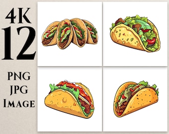 4K 12 Taco Clipart, PNG, JPG, Cartoon Taco Clipart, Taco illustrations, Food Clipart, Printable, Commercial Use, Digital Download, T1