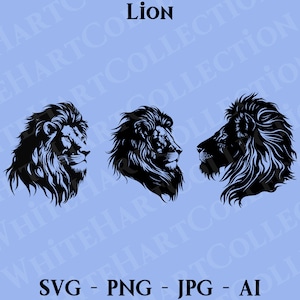 3 ライオン SVG、Png、Jpg、Ai、商用利用、動物 SVG、ライオン ヘッド SVG、ライオン シルエット、ライオン クリップアート デジタル ダウンロード、Cricut カット ファイル、ライオン 1