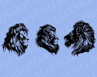 May include: Three black silhouette images of a lion's head, each facing a different direction. The lion's mane is detailed and the images are set against a light blue background.