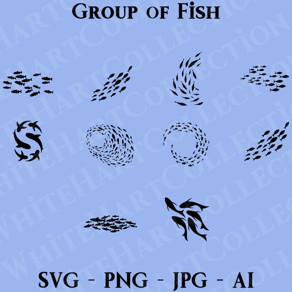 10 Group of Fish Svg, Png, Jpg, Ai, Commercial Use, School of Fish, Fish Silhouette, Groups Swimming Fish Svg, Digital, Cricut Cut File, SA3