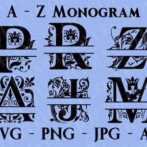 26 Monograma Svg Uso comercial Svg, Png, Jpg, Ai, Alfabeto de marco de monograma dividido A-Z, Monograma familiar, Descarga digital, Archivo de corte Cricut, Q1