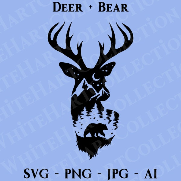 Deer + Bear Svg, Png, Jpg, Ai, Commercial Use, Animal Art, Forest Deer Svg, Forest Bear Svg, Digital Download, Cricut Cut File, Deer 2