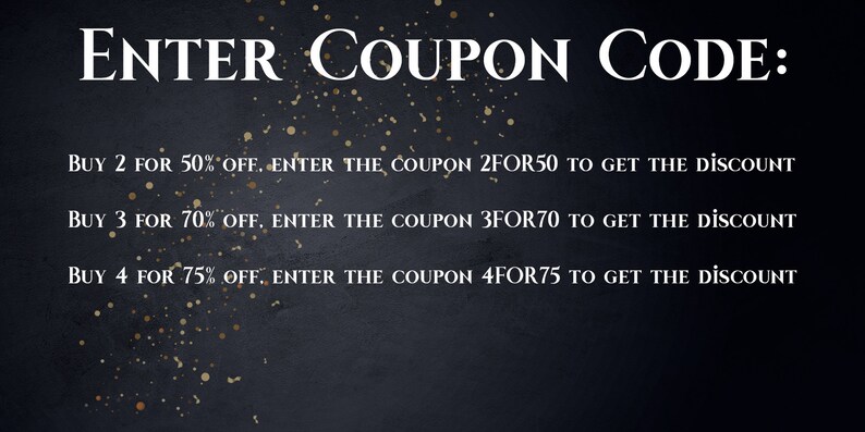 Pode incluir: Texto sobre um fundo preto com glitter dourado. O texto diz: "ENTER COUPON CODE: BUY 2 FOR 50% OFF. ENTER THE COUPON 2FOR50 TO GET THE DISCOUNT BUY 3 FOR 70% OFF. ENTER THE COUPON 3FOR70 TO GET THE DISCOUNT BUY 4 FOR 75% OFF. ENTER THE COUPON 4FOR75 TO GET THE DISCOUNT"