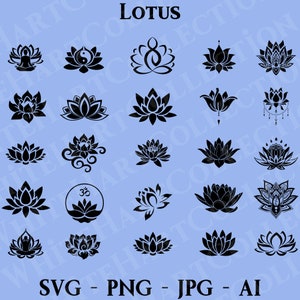 25 Lotus Svg Bundle uso commerciale Svg, Png, Jpg, Ai, Fiore Svg, Clipart di loto, Fiore di loto Svg, Silhouette di loto, File di taglio Cricut, F13