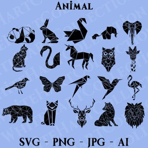 May include: A set of 18 black and white geometric animal illustrations. The animals include a panda, rabbit, swan, unicorn, cat, owl, giraffe, bird, butterfly, deer, wolf, and lion. The illustrations are in a low-poly style, giving them a modern and abstract look.