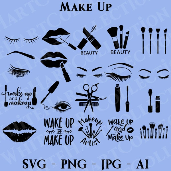 20 Make-Up-Svg, Png, Jpg, Ai, kommerzielle Nutzung, Beauty-Svg, Wimpern-Svg, Lippen-Svg, Make-Up Kit-Svg, Digital Download, Cricut Cut-Datei, Make Up1