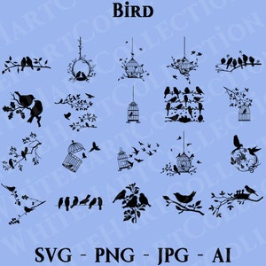 20 vogel Svg, Png, Jpg, Ai, commercieel gebruik, lente dierlijke Svg, dierlijke Svg, vogel op een boom Svg, digitale download, Cricut gesneden bestand, vogel 1