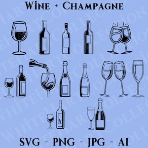 13 Vin + champagne Svg, Png, Jpg, Ai, usage commercial, bouteille de vin, verres à vin Svg, clipart vin, deux verres Svg, fichier de coupe Cricut, W + C 1