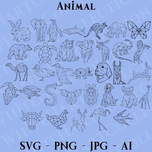 May include: A set of 30 black and white geometric animal illustrations. The animals are depicted in a low-poly style, with each animal made up of triangles. The animals include a rabbit, elephant, penguin, shark, kangaroo, dinosaur, butterfly, bear, turtle, koala, moose, camel, duck, triceratops, dog, llama, deer, crocodile, snake, pig, lion, giraffe, cow, chicken, deer, flamingo, and swallow.