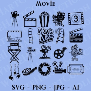 Paquete de 20 películas SVG, Png, Jpg, Ai, uso comercial, película svg, cámara svg, noche de cine svg, tira de película svg, silueta de película, archivo de corte cricut, F1