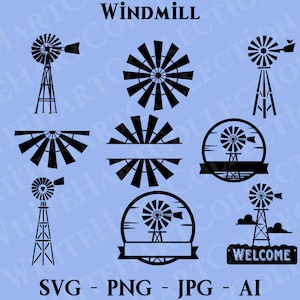 9 Windmühlen-Svg-Bundle, Png, Jpg, Ai, kommerzielle Nutzung, Leben auf dem Bauernhof, Windmühle Clipart, Windmühle Silhouette, Ranchleben, Cricut Cut Dateien, W1
