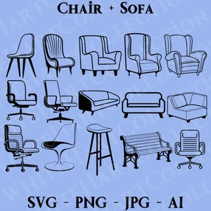15 Chair + Sofa Svg, Png, Jpg, Ai, Commercial Use, Home, Furniture Svg, Couch Svg, Armchair Svg, Digital Download, Cricut Cut File, Chair 1