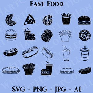 20 Fast Food Svg, Png, Jpg, Ai, Commercial Use, Hotdog Svg, Hamburger Svg, Fast Food Clipart, Drinks, Digital Download, Cricut Cut File, FF1