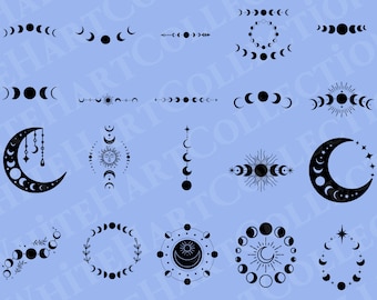 20 Moon Svg Bundle Commercial Use Svg, Png, Jpg, Ai, Lunar Cycle Svg, Moon Phase Clipart, Moon Sun Ray Crescent, Cricut Cut File, M2