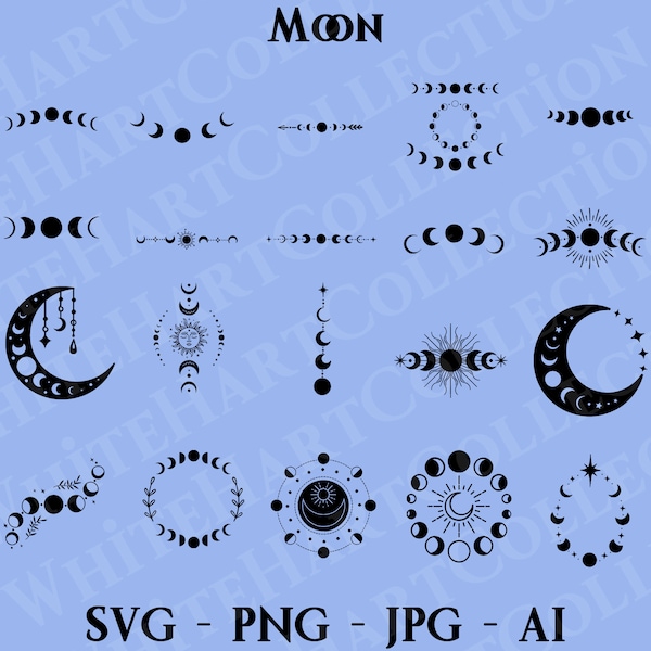 20 Moon Svg Bundle Commercial Use Svg, Png, Jpg, Ai, Lunar Cycle Svg, Moon Phase Clipart, Moon Sun Ray Crescent, Cricut Cut File, M2