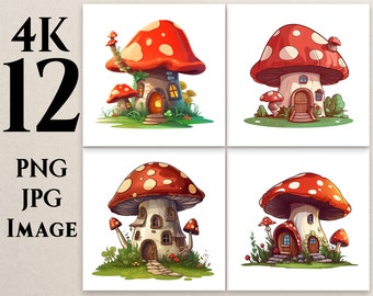 4K 12 Mushroom House Clipart, PNG, JPG, Cartoon Mushroom House Clipart, Illustrations, Clipart,Printable,Commercial Use,Digital Download,MH1