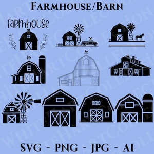 May include: A set of nine black and white silhouette illustrations of farmhouses and barns. The illustrations include a farmhouse with a windmill, a barn with a silo, and a barn with a truck. The text "FARMHOUSE/BARN" and "Farmhouse" are included in the image.