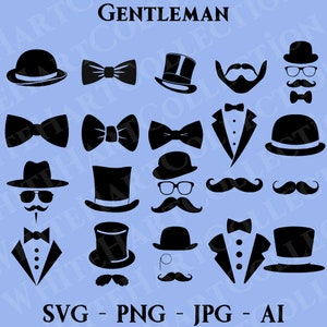20 Gentleman svg, Png, Jpg, Ai, kommerzielle Nutzung, Sonnenbrillen svg, Zylinder Hut svg, Bart svg, Anzug Set svg, digitaler Download, Cricut Cut-Datei, G1