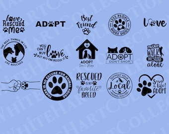 Puede incluir: Diseños gráficos en blanco y negro con huellas de patas y texto relacionado con el rescate de animales. El texto incluye frases como "Adopta, no compres", "Rescatado es mi raza favorita" y "Amo a los rescatados".
