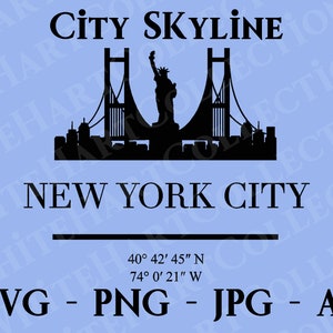 Nova York Svg, Png, Jpg, Ai, Uso comercial, City Skyline Art, Estátua da Liberdade, City Landmark Svg, Download digital, Arquivo Cricut Cut, CS 2