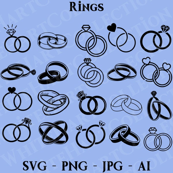 20 Pair of Rings Svg, Png, Jpg, Ai, Commercial Use, Ring Svg Bundle, Wedding Diamond Ring Svg, Wedding Ring Svg, Cricut Cut Files, R1