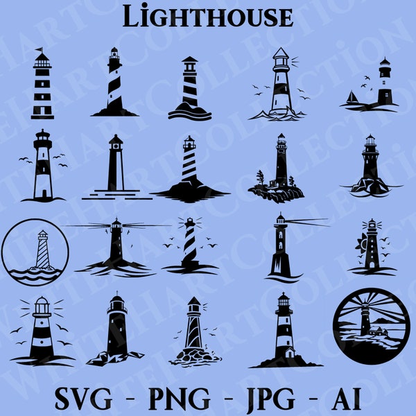 20 Lighthouse Svg Bundle Commercial Use Svg, Png, Jpg, Ai, Sea Svg, Lighthouse Clipart, Lighthouse Silhouette, Cricut Cut File, LH2