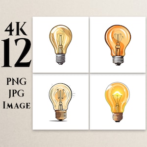 4K 12 Light Bulb Clipart, PNG, JPG, Cartoon Bulb Clipart, Light Bulb illustrations,Clipart, Printable, Commercial Use, Digital Download, LB1